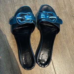FENDI Blue Patent Leather Buckle Sandal Flats Shoes - 37.5